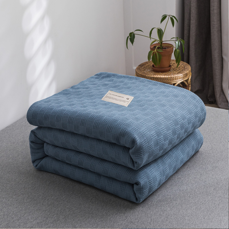 2021年新款加厚纯色线毯纱布毛巾被 150*200cm 素色纯棉肌理线毯-深蓝