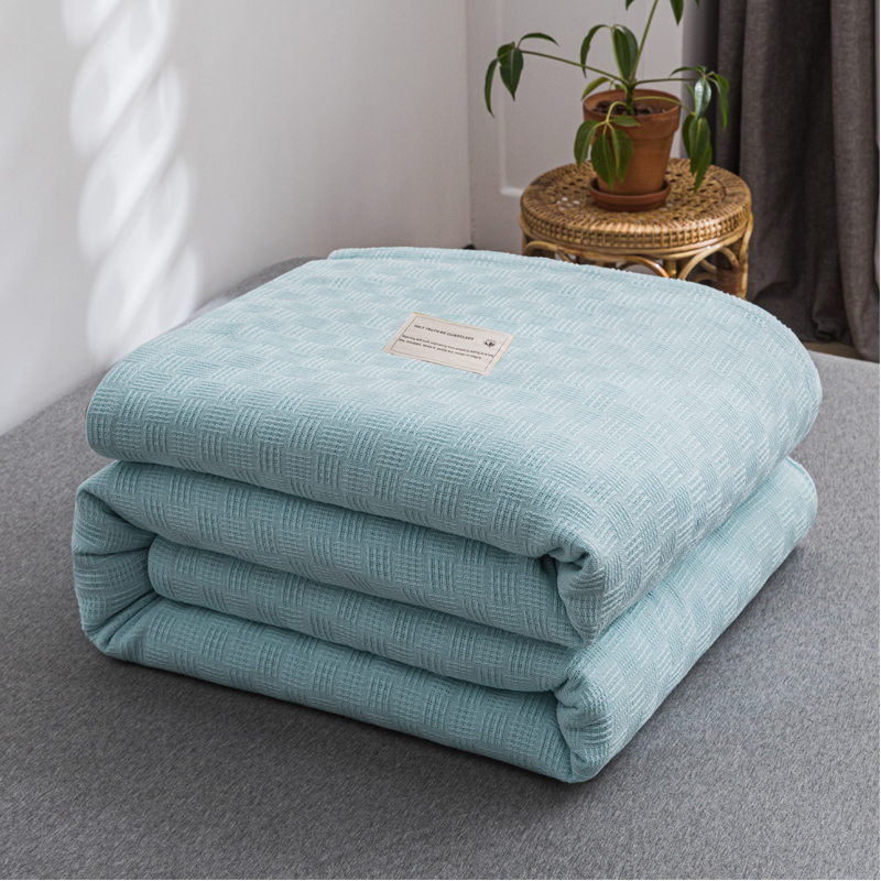 2021年新款加厚纯色线毯纱布毛巾被 150*200cm 素色纯棉肌理线毯-水绿