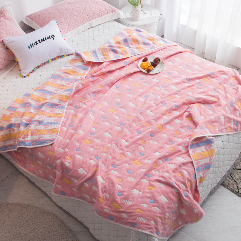 2024新款全棉六层纱布被子午睡空调沙发盖毯夏季毛巾被纯棉单双人毯子床单 120*150cm 彩云-粉