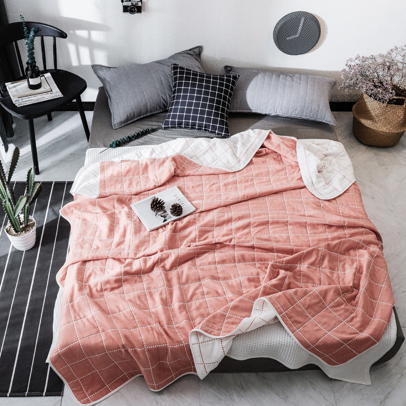 2024新款全棉六层纱布被子午睡空调沙发盖毯夏季毛巾被纯棉单双人毯子床单 120*150cm 时尚虚线-粉色