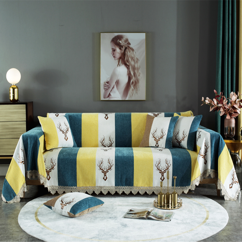 2023新款加厚雪尼尔提花沙发巾沙发垫系列-全盖款 150*180cm 幸运鹿-蓝黄