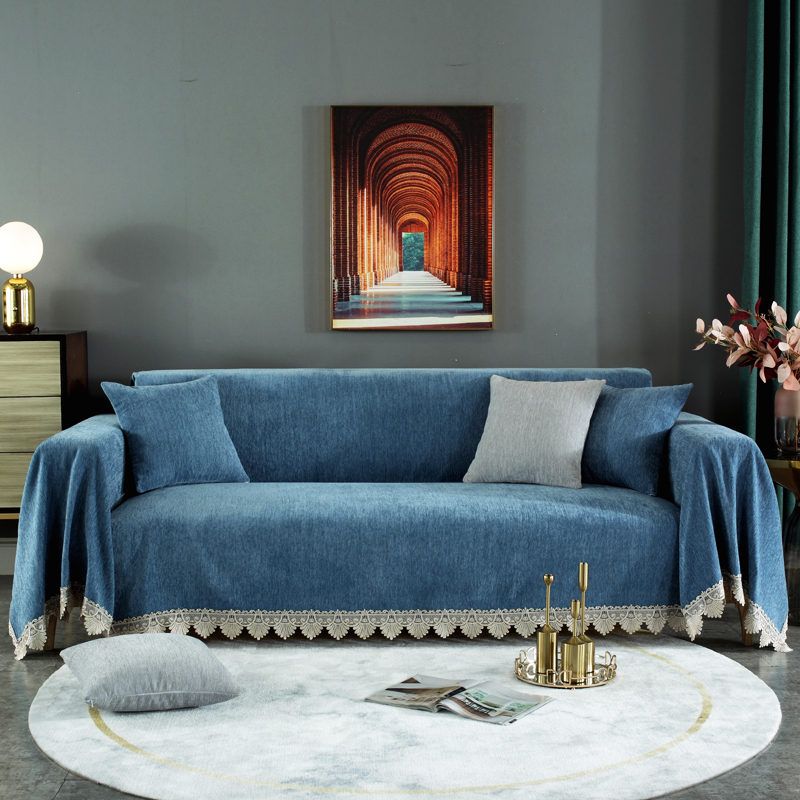 2023新款加厚雪尼尔提花沙发巾沙发垫系列-半盖款 90*160cm 圣蒂娜-蔚蓝