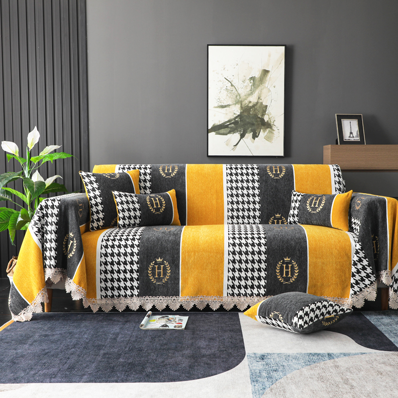 2023新款加厚雪尼尔提花沙发巾沙发垫系列-半盖款 90*160cm 英伦范-橙黄