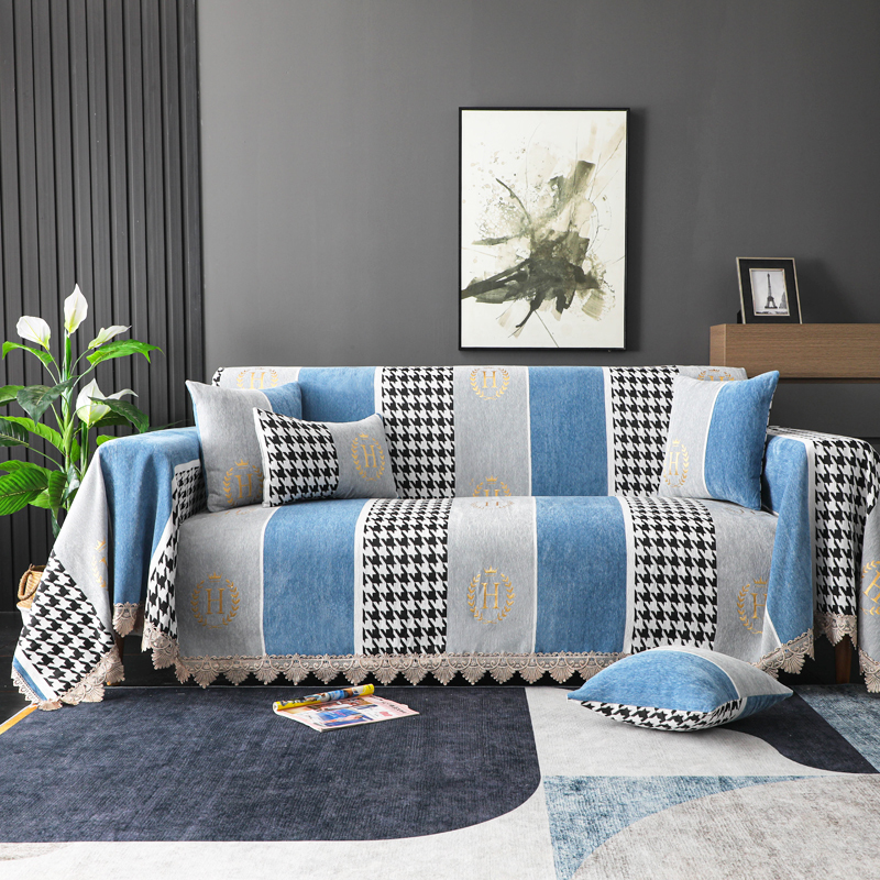 2023新款加厚雪尼尔提花沙发巾沙发垫系列-半盖款 90*160cm 英伦范-天蓝