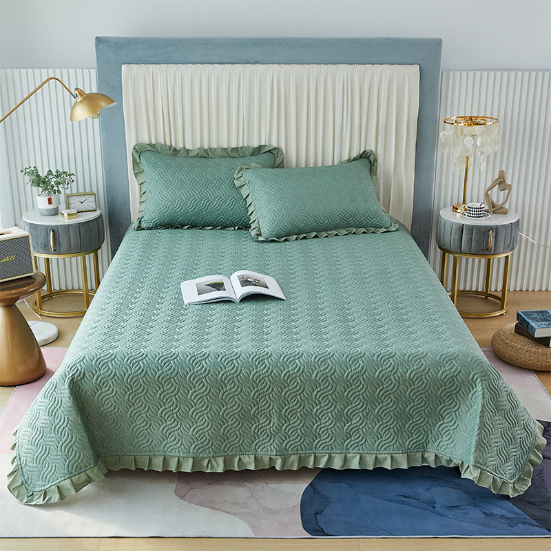 2022新款纯色全棉夹棉绗缝荷叶边床盖三件套 1.2m床单床盖 博雅绿-床盖款