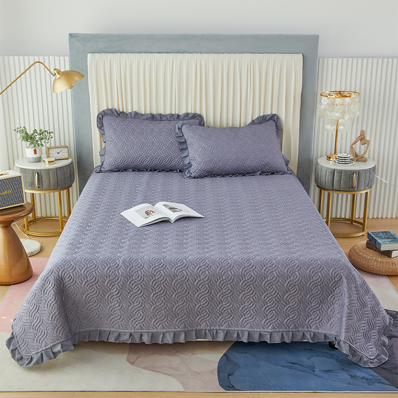 2022新款纯色全棉夹棉绗缝荷叶边床盖三件套 1.2m床单床盖 纯真紫-床盖款