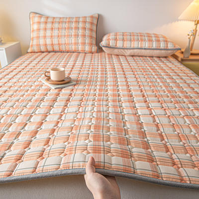 2024新款无印风床垫软垫席梦思保护垫床褥垫薄款垫子防滑褥子 90x200cm 简格-格调橙