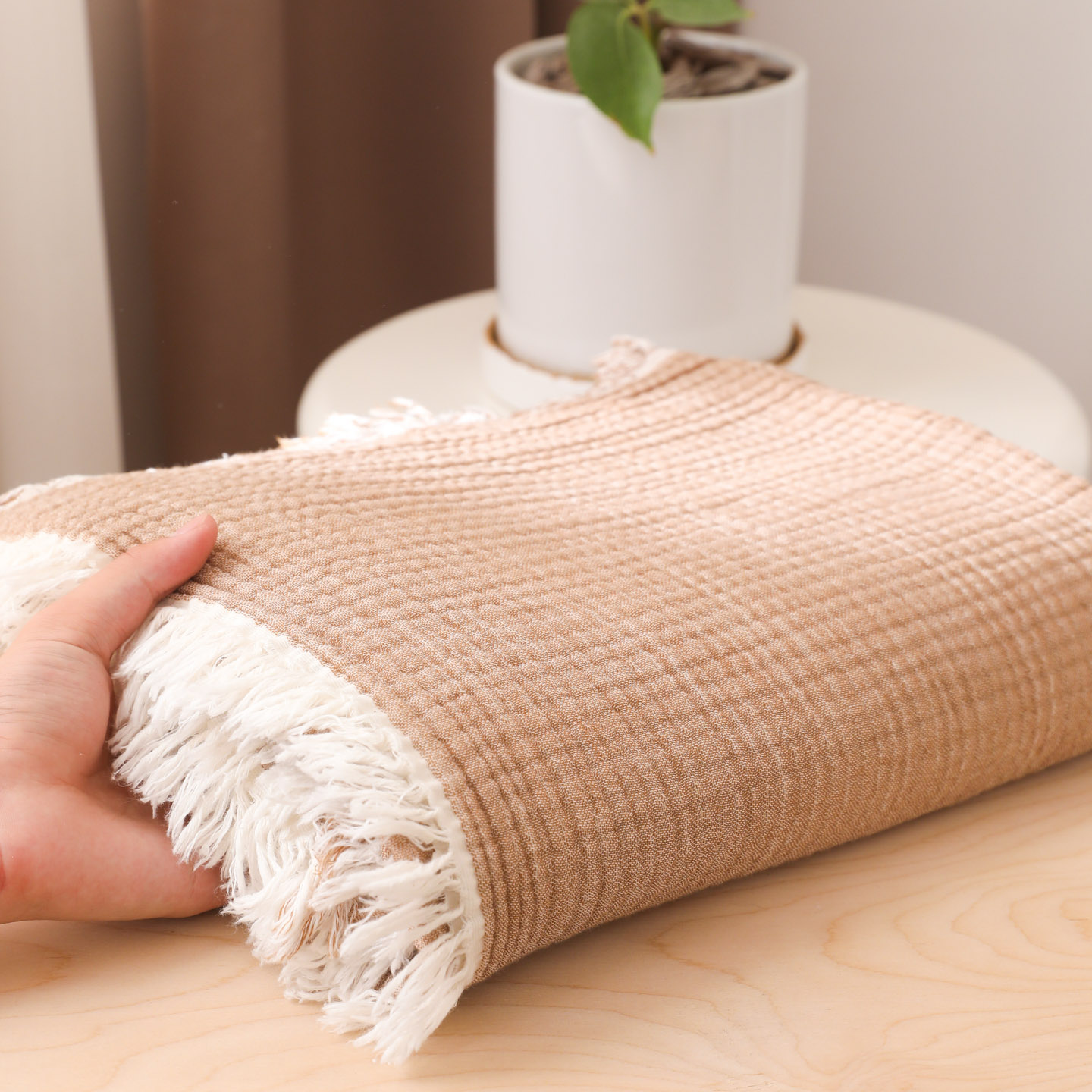 2025新款全棉100%棉四层纱流苏边毛毯子