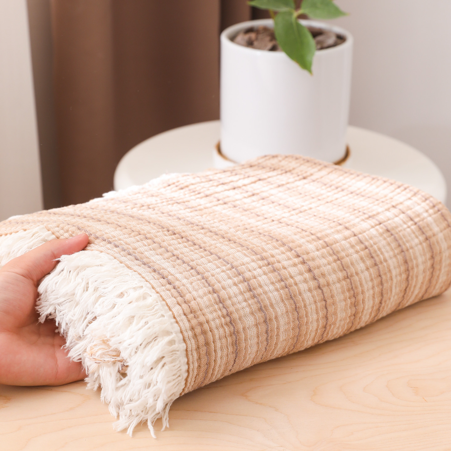 2025新款全棉100%棉四层纱流苏边毛毯子