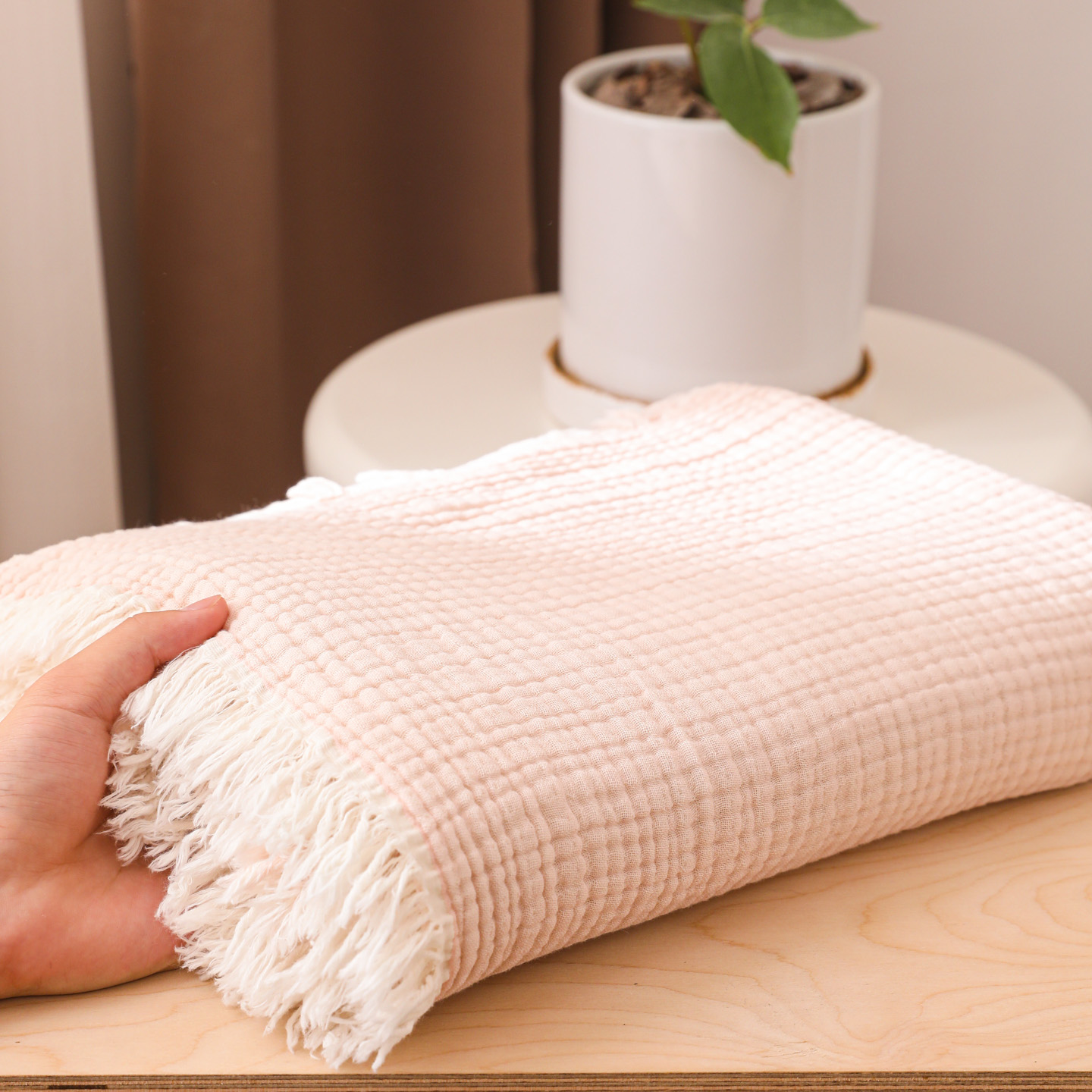 2025新款全棉100%棉四层纱流苏边毛毯子