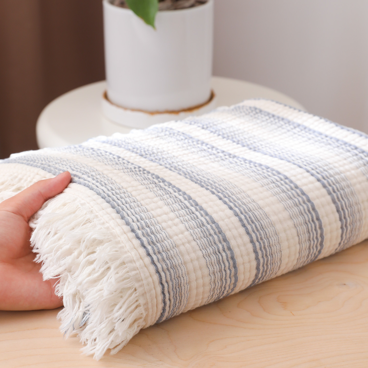 2025新款全棉100%棉四层纱流苏边毛毯子