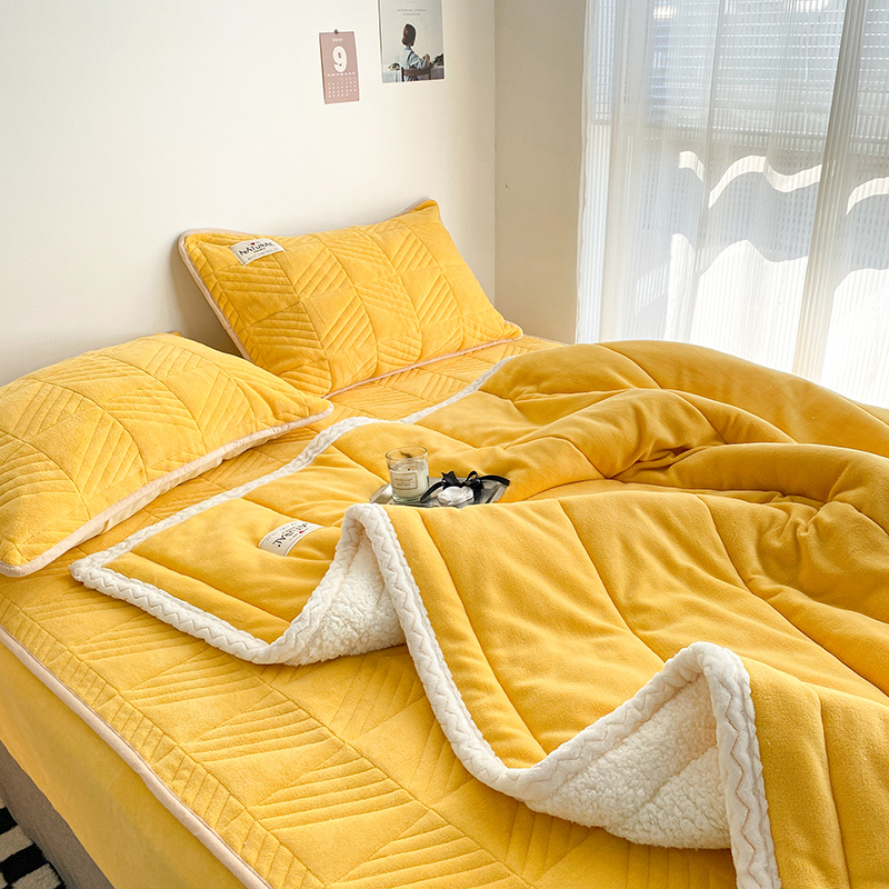 2022新款高克重牛奶绒羊羔绒舒适系列毛毯床笠组合套装保暖四件套 1.5m床笠款四件套（毛毯2.0m） 舒适 暖黄