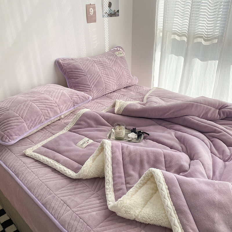 2022新款高克重牛奶绒羊羔绒舒适系列毛毯床笠组合套装保暖四件套 1.5m床笠款四件套（毛毯2.0m） 舒适 浅紫