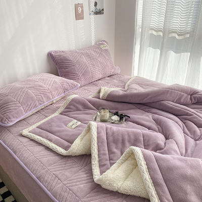 2022新款高克重牛奶绒羊羔绒舒适系列毛毯床笠组合套装保暖四件套 1.2m床笠款三件套（毛毯1.2m） 舒适 浅紫