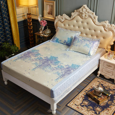 冰丝席三件套 可机洗凉席床笠款床包款 1.8m（6英尺）床 叶语浪漫-浅蓝