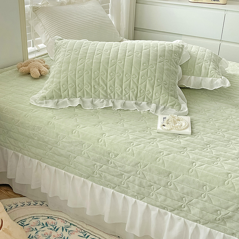 2022新款牛奶绒夹棉床盖-爱丽丝系列 床盖250X255三件套 床盖-爱丽丝--抹茶绿绒