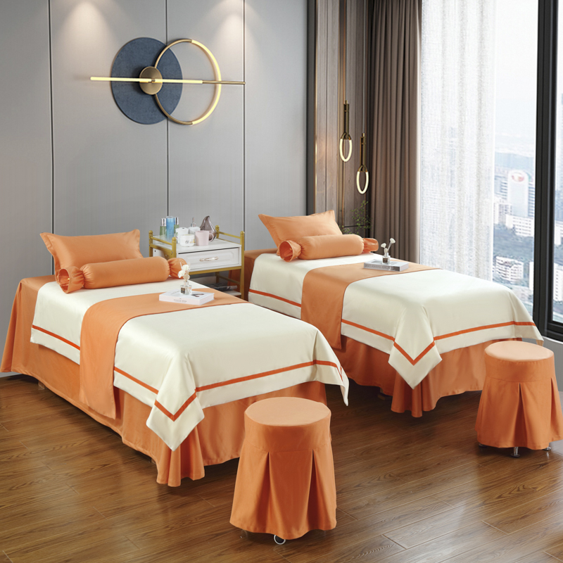 2023新款美容床罩四件套荷兰尼美容院床罩—轻奢-简约 80*190方头床罩四件套（带1.2被芯一个） 奶白配爱马橙
