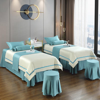 2023新款美容床罩四件套荷兰尼美容院床罩—轻奢-简约 80*190方头床罩四件套（带1.2被芯一个） 奶白配玛瑙蓝