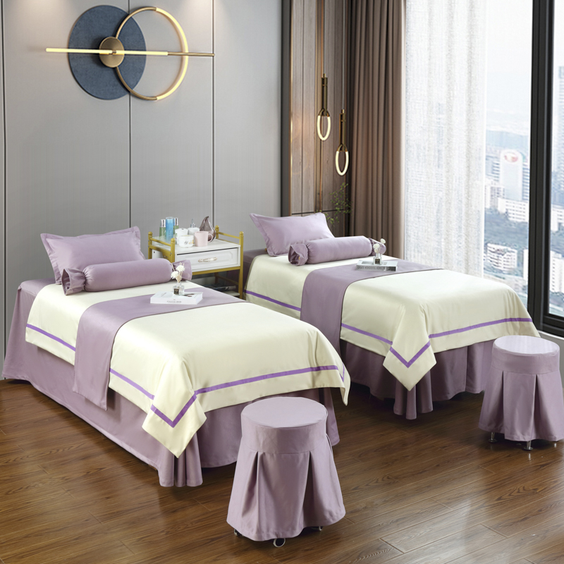 2023新款美容床罩四件套荷兰尼美容院床罩—轻奢-简约 80*190方头床罩四件套（带1.2被芯一个） 奶白配香芋紫
