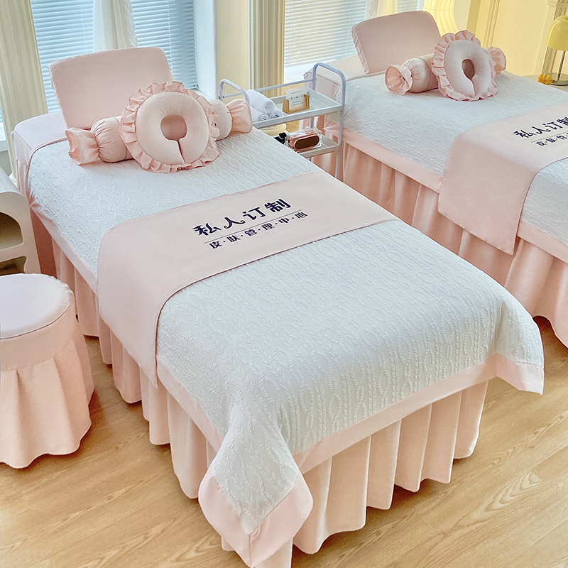 2024新款泡泡纱美容床罩-麦穗系列 80*190方头床罩四件套 麦穗-粉色