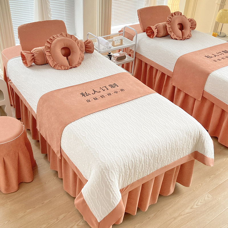2024新款泡泡纱美容床罩-麦穗系列 80*190方头床罩四件套 麦穗-桔红