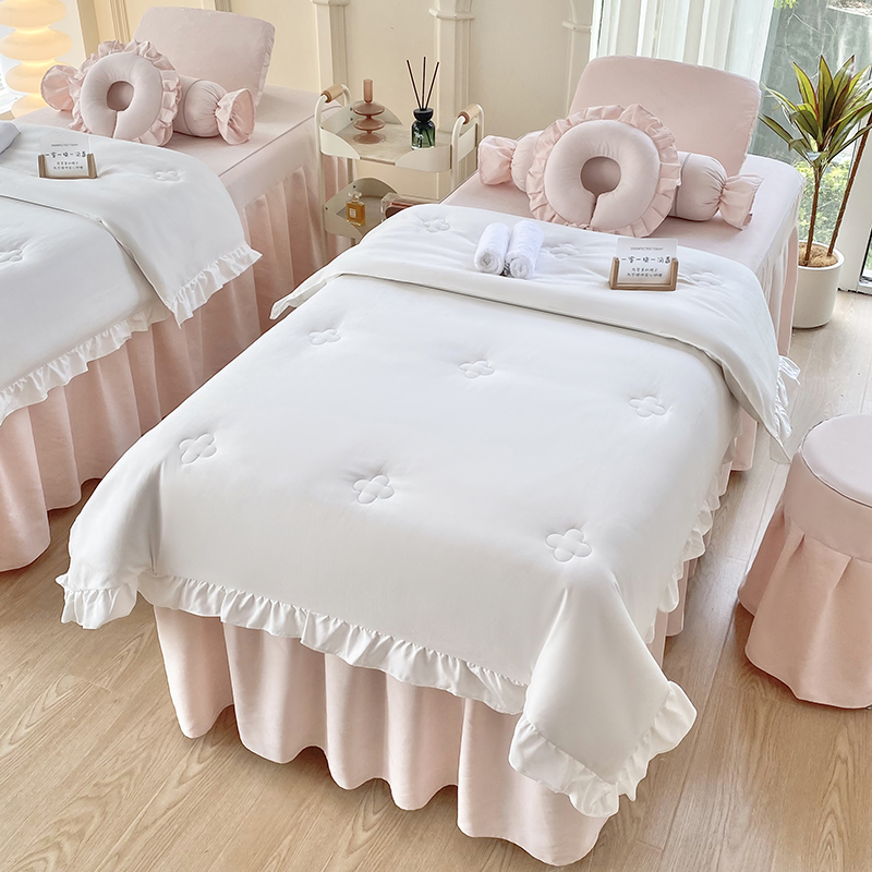 2024新款四季棉美容床罩-四叶草系列 80*190方头床罩四件套 四叶草-白配粉色