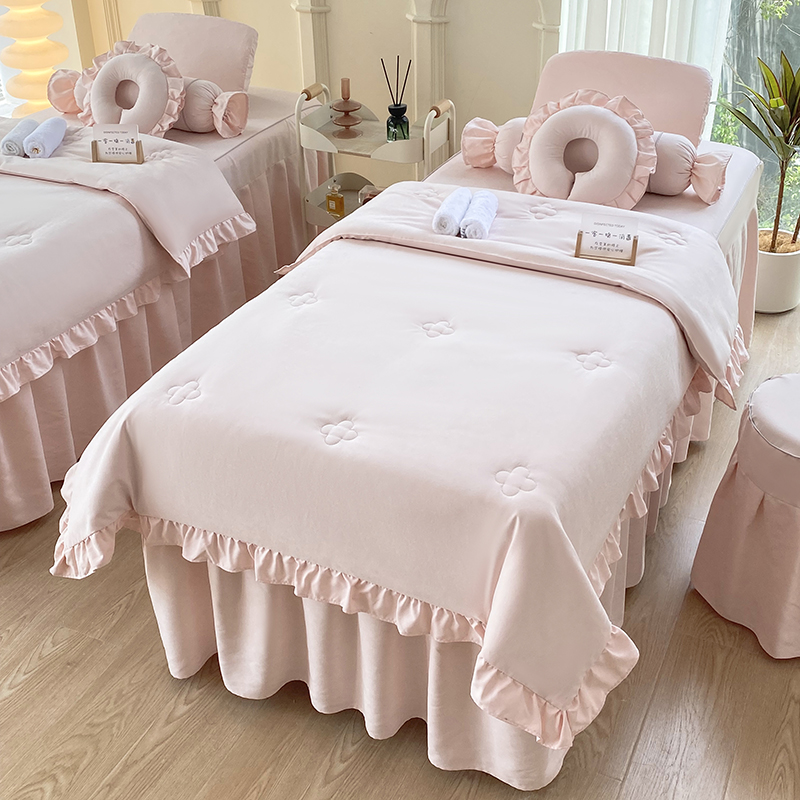 2024新款四季棉美容床罩-四叶草系列 80*190方头床罩四件套 四叶草-粉色