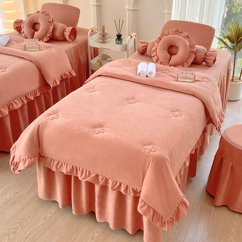 2024新款四季棉美容床罩-四叶草系列 80*190方头床罩四件套 四叶草-桔红