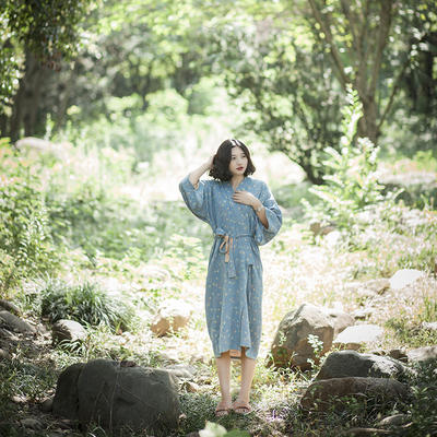 2023新款全棉双层纱系列睡袍-花香 均码（90-160斤左右） 花香睡袍-蓝色