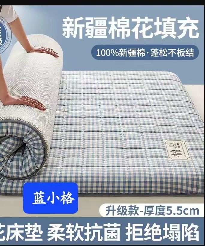 2024新款4.5cm新疆棉花绗绣工艺床垫 80*190 蓝小格