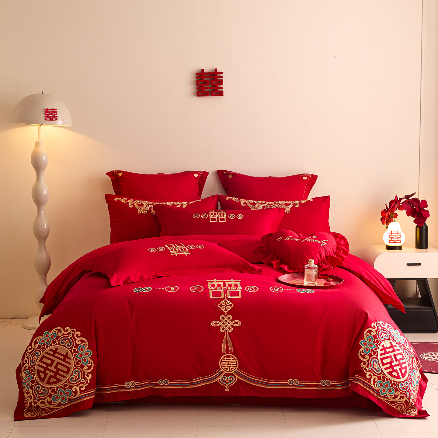 2025新款长绒棉纯棉婚庆刺绣小红书系列四件套 皇家喜事