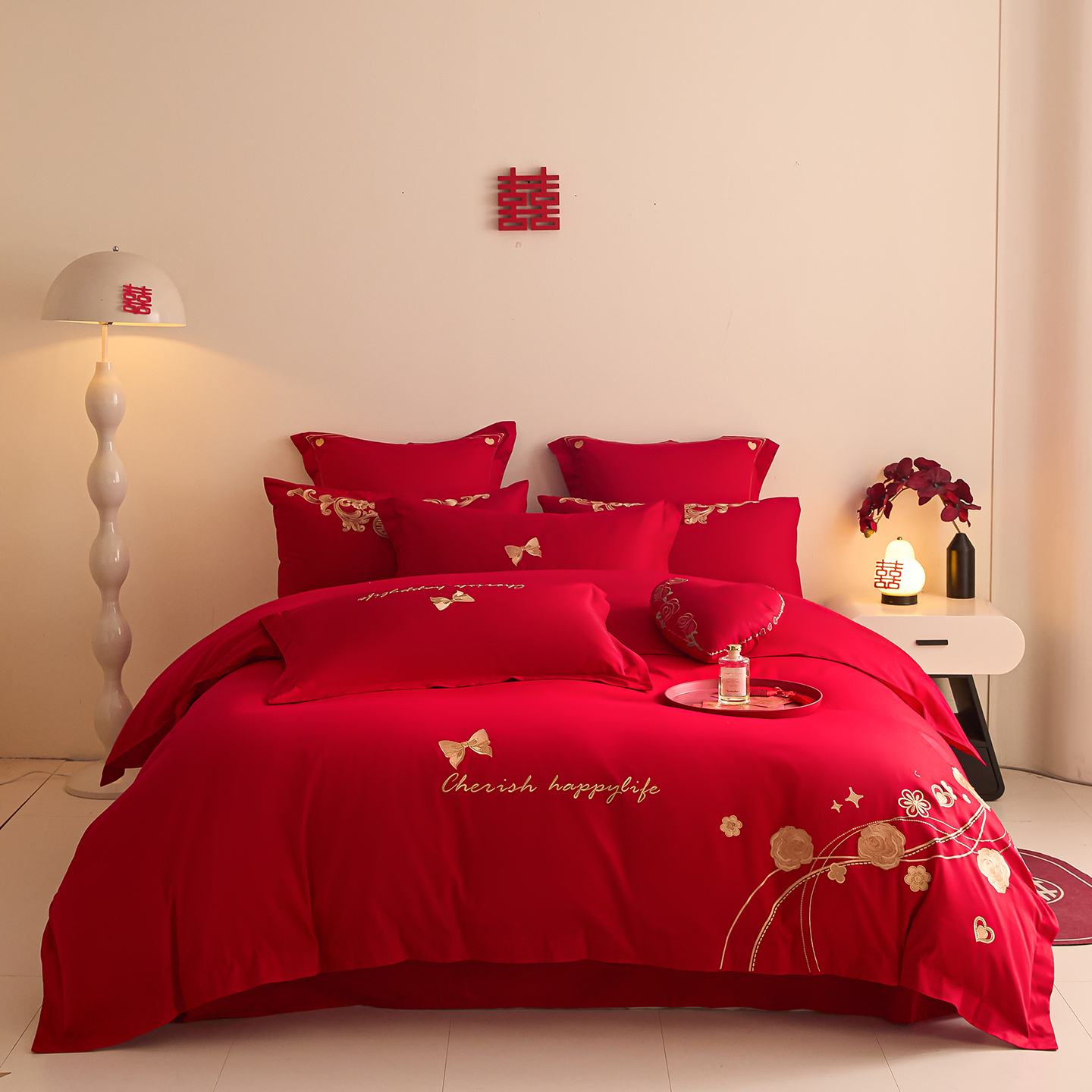 2025新款长绒棉纯棉婚庆刺绣小红书系列四件套 玫瑰