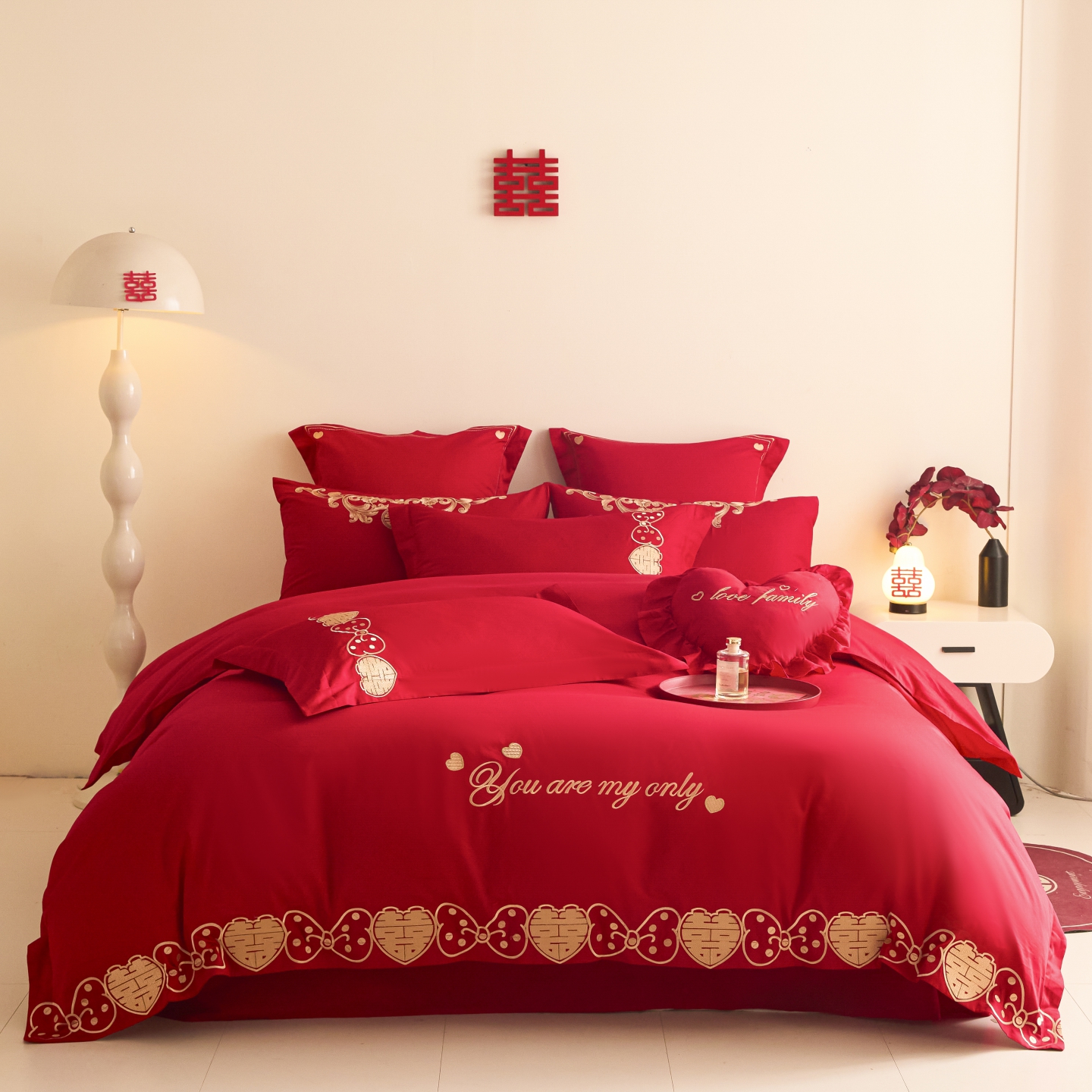 2025新款长绒棉纯棉婚庆刺绣小红书系列四件套 甜