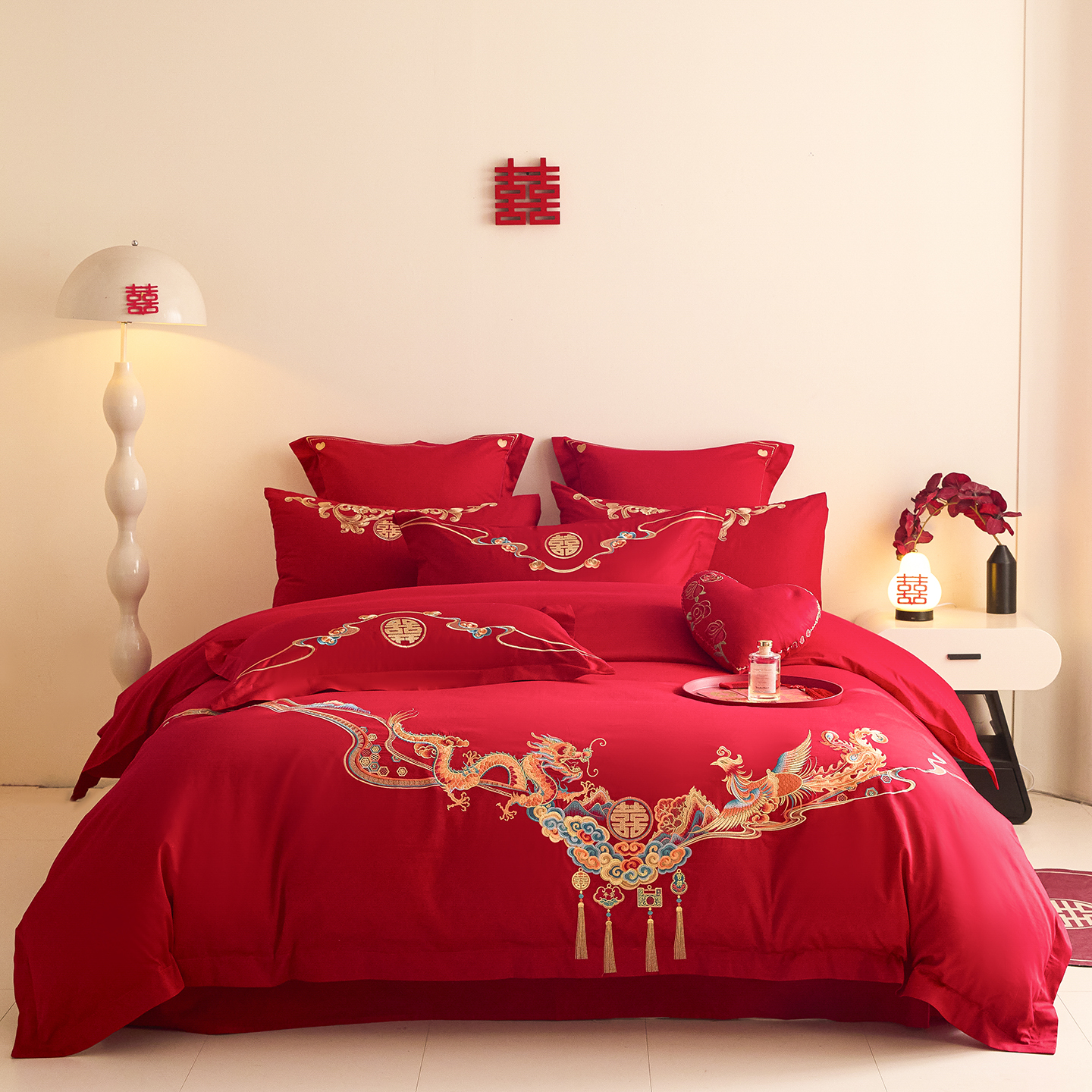 2025新款长绒棉纯棉婚庆刺绣小红书系列四件套 龙凤佳人