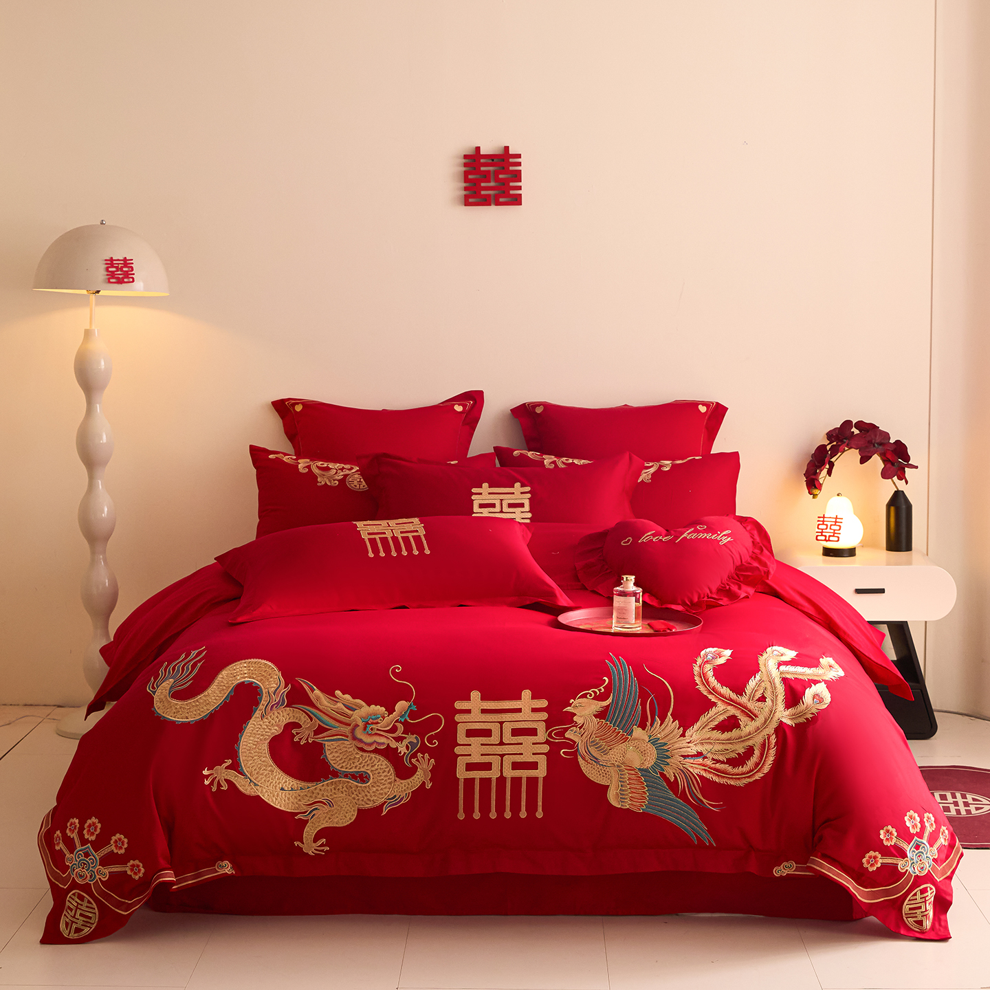 2025新款长绒棉纯棉婚庆刺绣小红书系列四件套 龙凤大喜