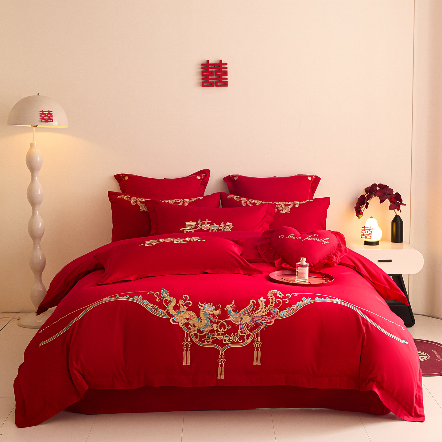 2025新款长绒棉纯棉婚庆刺绣小红书系列四件套 喜乐龙凤