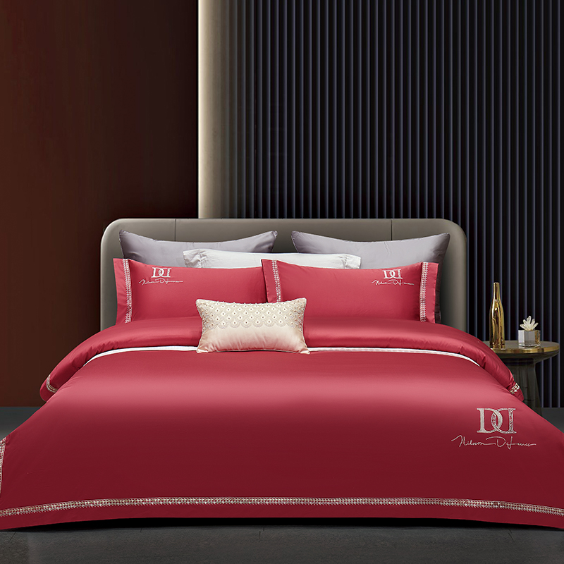 2023新款高端轻奢120支埃及长绒棉绣花系列被套床单纯色四件套-安吉丽娜 1.8m床单款四件套 安吉丽娜-落燕红