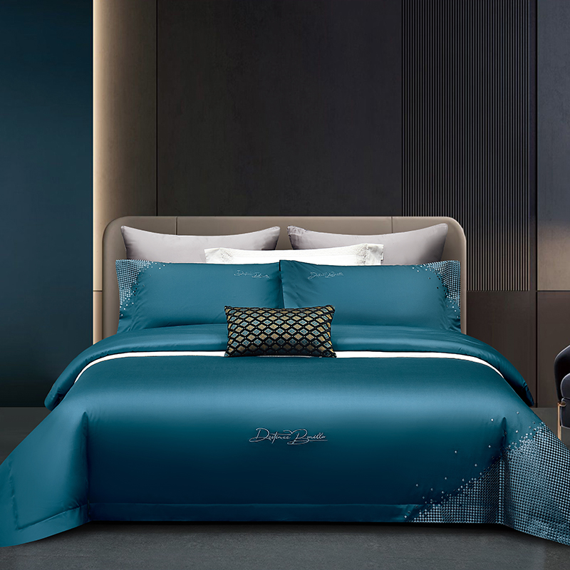 2024新款 高端轻奢120支埃及长绒棉绣花系列被套床单纯色四件套-罗莎琳德 1.8m床单款四件套 罗莎琳德-海洋蓝