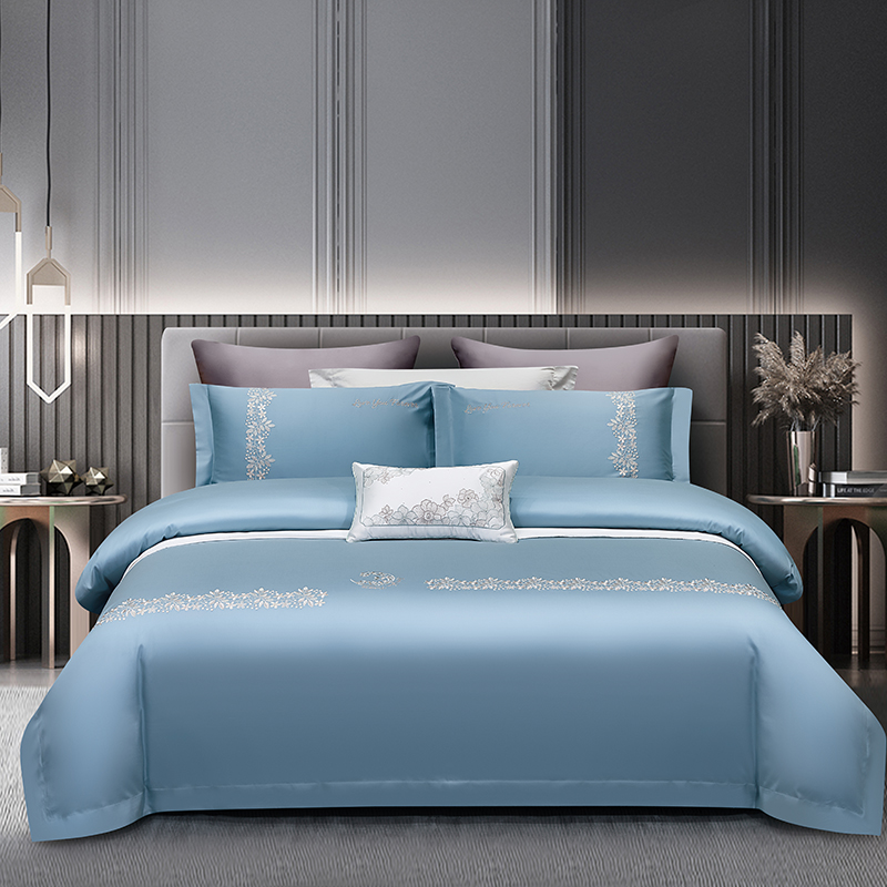 2023新款高端轻奢艾阳绒绣花系列被套床单纯色四件套-洛可可 1.8m床单款四件套 洛可可-天空蓝