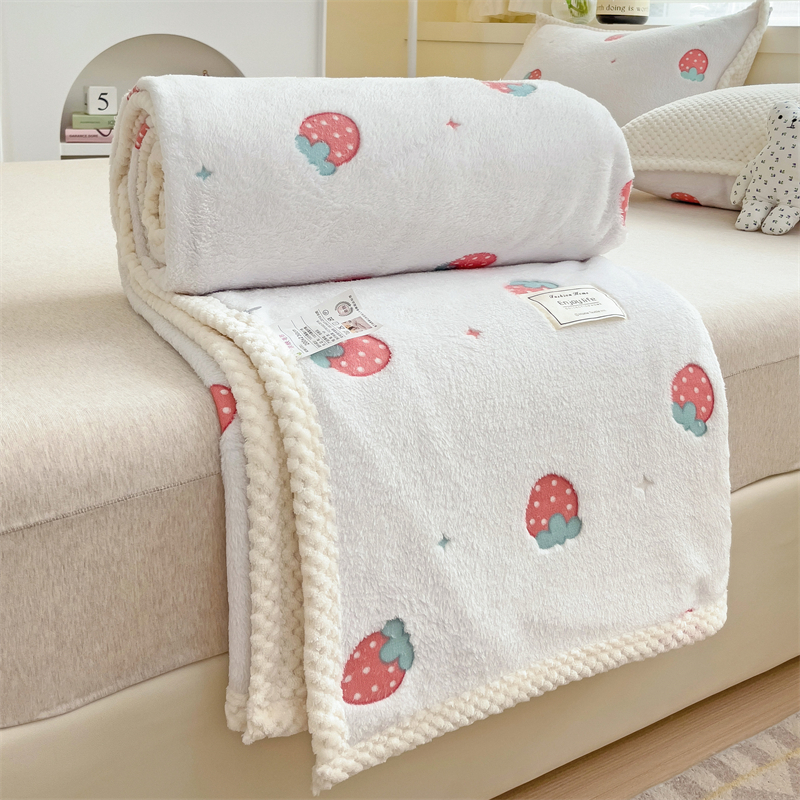 2023新款毛毯床单小毯子盖被学生宿舍保暖单人加绒加厚珊瑚绒双面绒午睡毯云朵绒多功能毛毯 70x100cm 草莓白