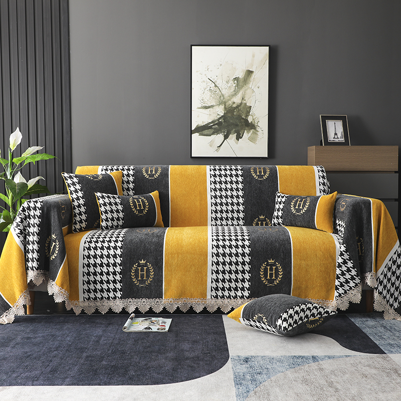 2022新款加厚雪尼尔提花全包沙发巾沙发垫系列 150*180cm（全盖款） 英伦范-橙黄