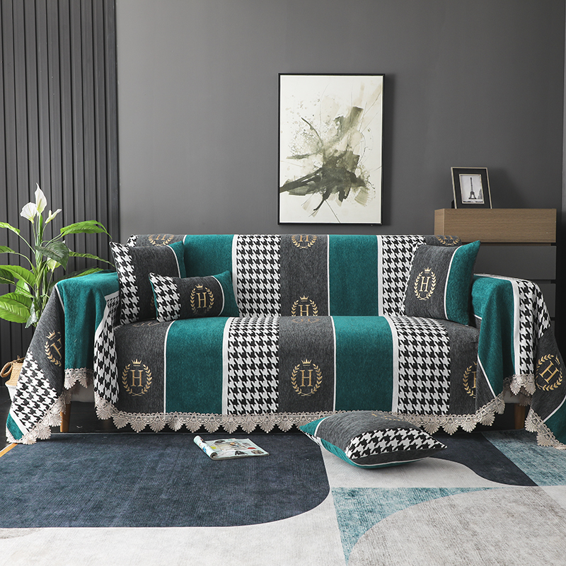2022新款加厚雪尼尔提花全包沙发巾沙发垫系列 150*180cm（全盖款） 英伦范-墨绿