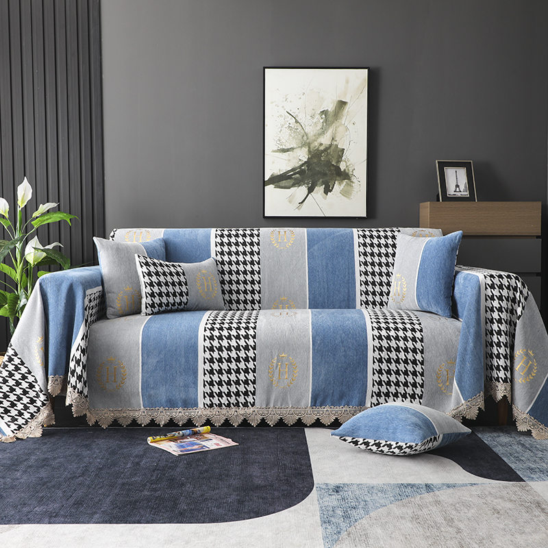 2022新款加厚雪尼尔提花全包沙发巾沙发垫系列 150*180cm（全盖款） 英伦范-天蓝