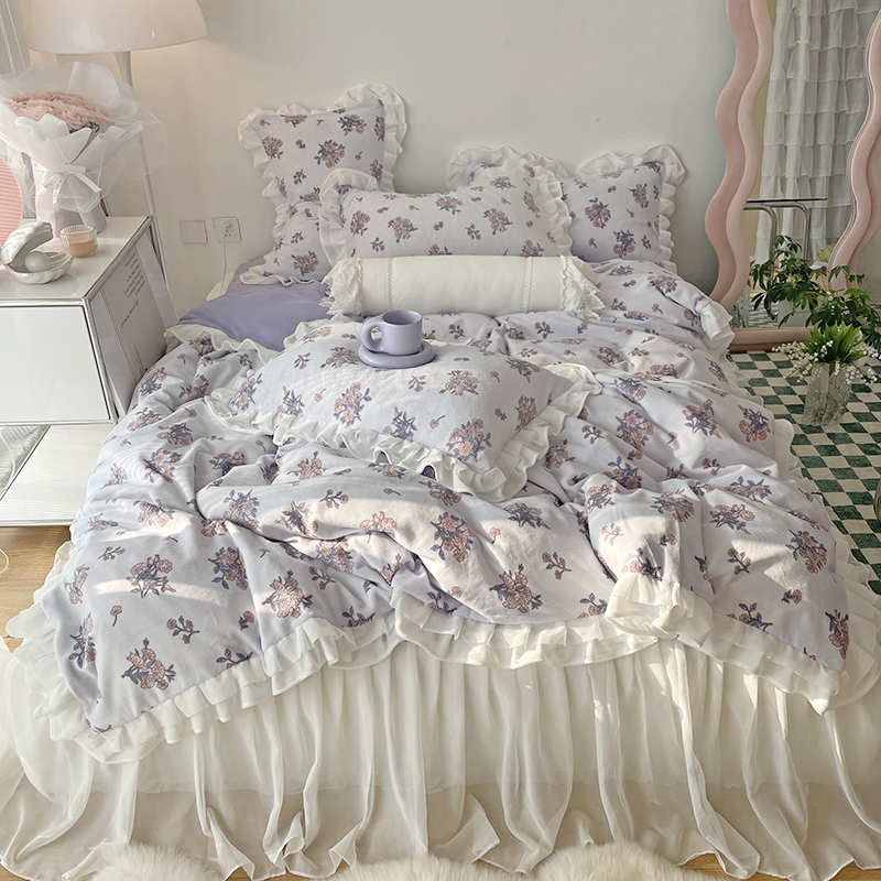 2022直播新款牛奶绒蕾丝双层花边床裙款四件套 1.5m床单款四件套 浅紫小菊
