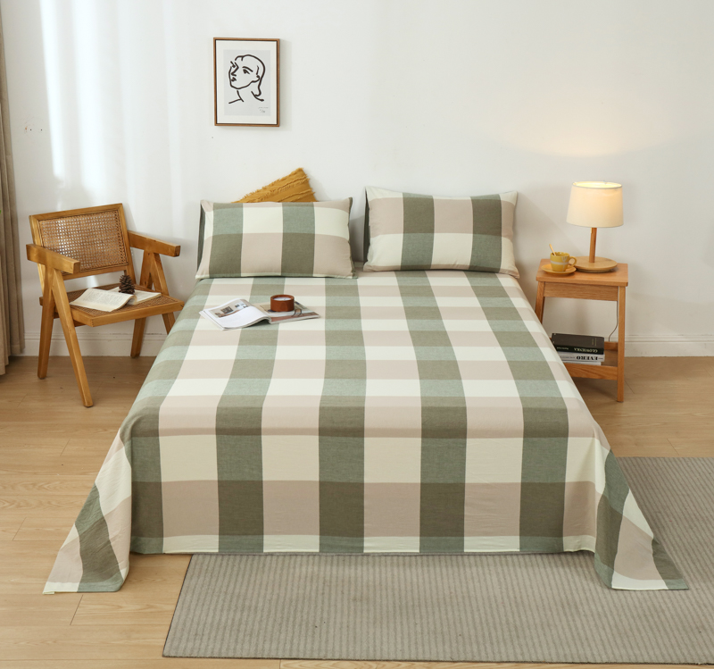 2022新款印花纯色全棉色布双拼单品床单 200x230cm单床单 绿灰大格