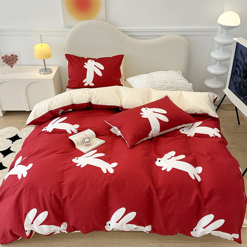2023新款全棉13374红兔子印花四件套 1.5m床单款四件套 红兔子