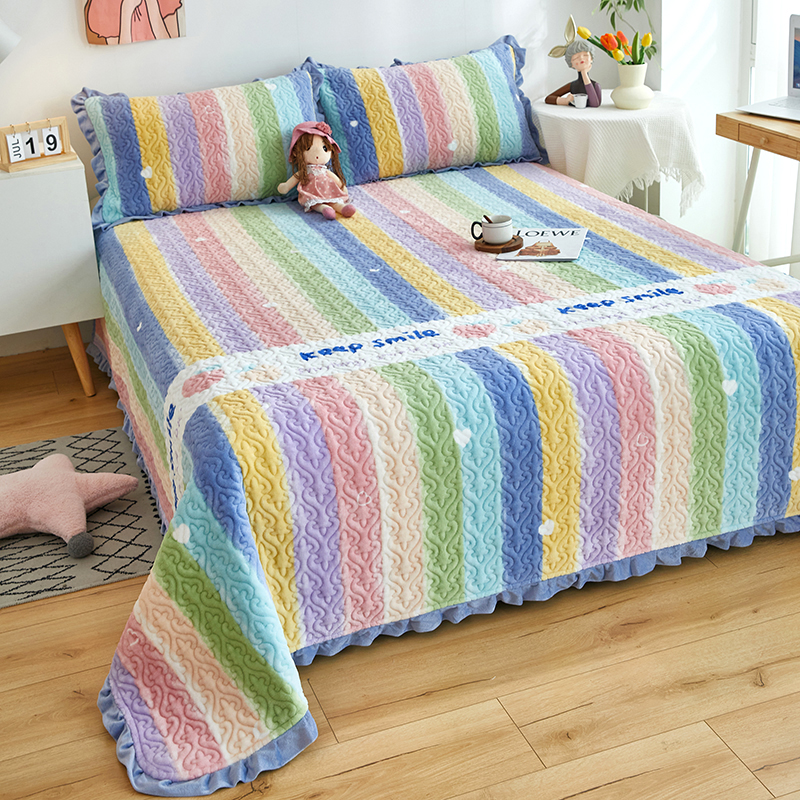 2022新款牛奶绒夹棉床盖三件套 90cmx200cm单床盖 彩虹
