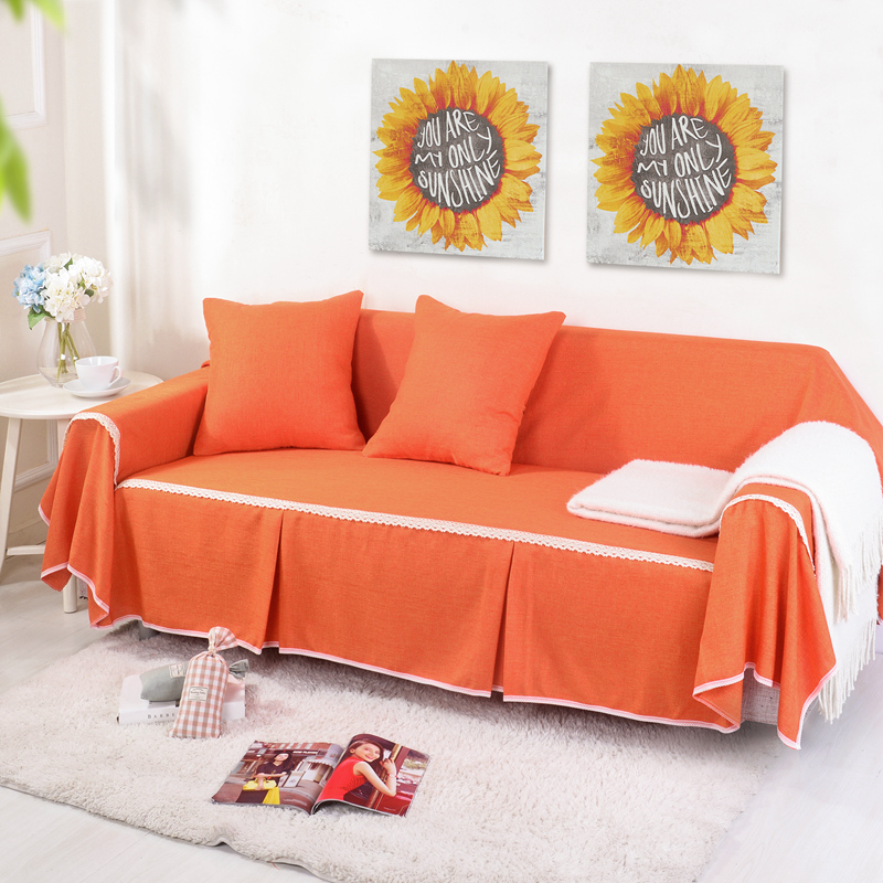 仿麻纯色沙发罩 全盖型沙发巾 简约现代沙发套 单人规格：210*200cm 仿麻-橙色