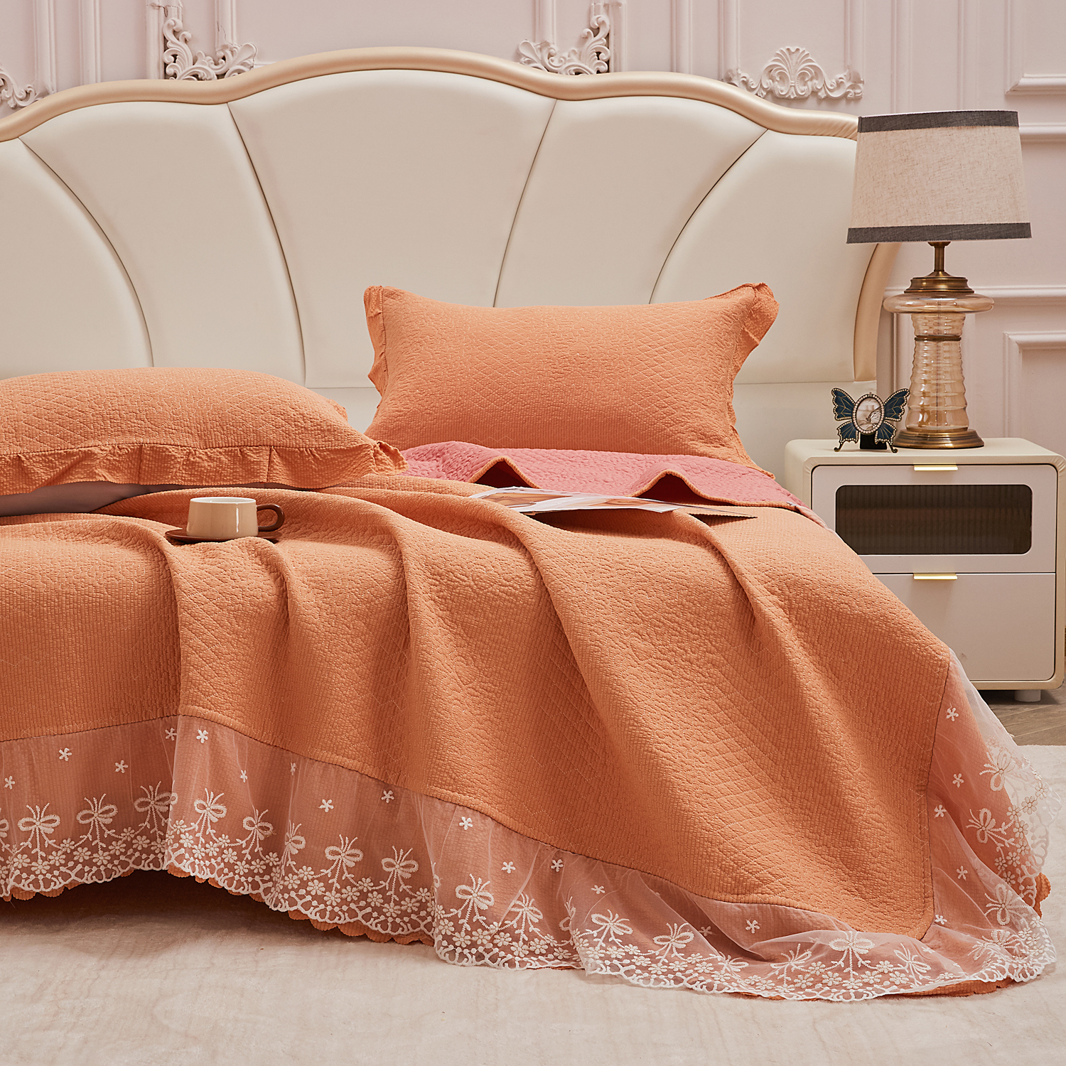 床盖泡泡棉夹棉床盖亲肤棉床盖三件套2024新品 同款枕套 萝莉-橙色