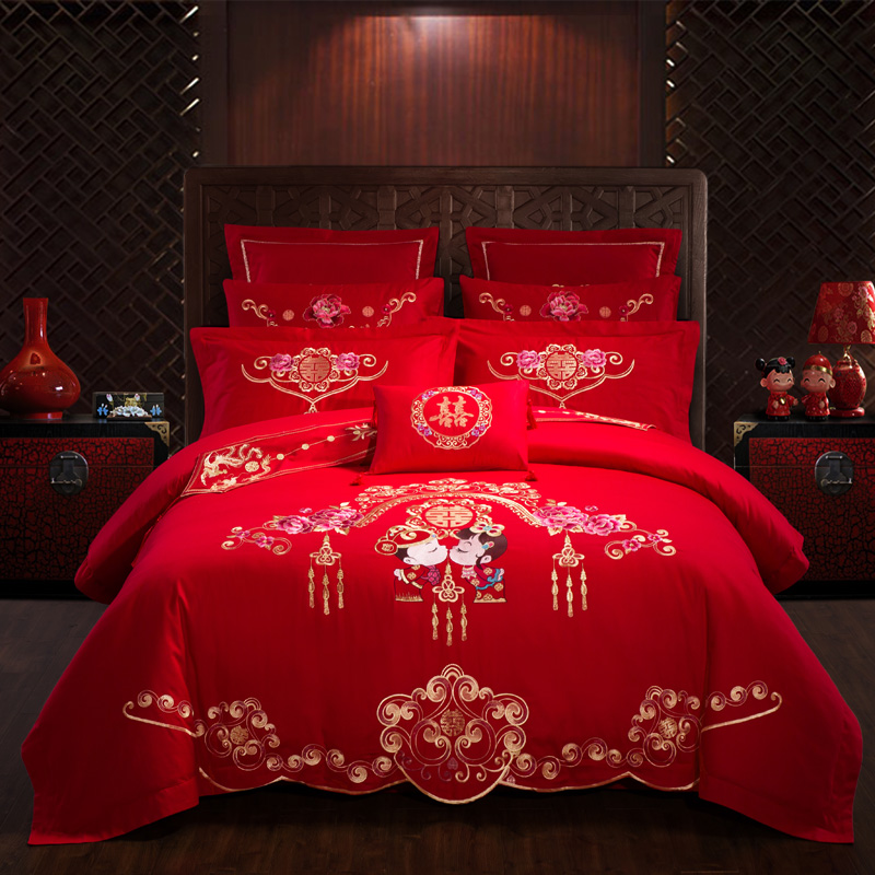 慕她婚庆 婚庆四件套大红色刺绣结婚全棉纯棉多件套  浪漫爱情 标准（1.5m-1.8m床） 六件套床单换床盖款